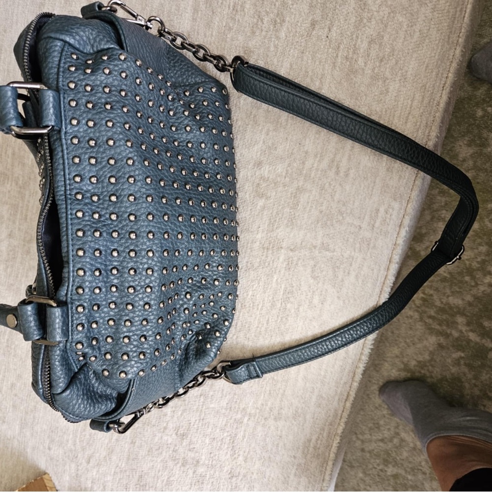 Studded Blue Leather Shoulder Bag